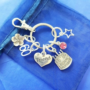Friends 60th birthday keyring with initial birthstone personalised gift silver birthday gift for her women girls 30th 40 50th 60th 70th 80th