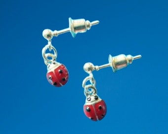 Ladybird earrings silver plated stud dangle gifts for her Handmade small post charm earrings enamel ladybug