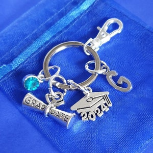 Graduation keyring with initial and optional Birthstone personalised gifts silver 2024 2023 uni student scroll