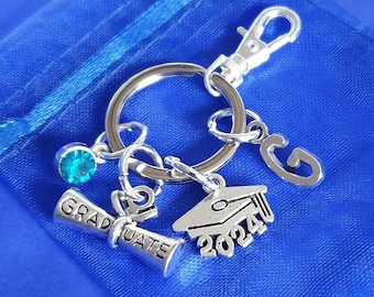 Graduation keyring with initial and optional Birthstone personalised gifts silver 2026 uni student scroll
