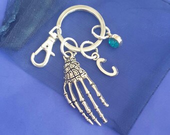 Skeleton hand keyring with initial personalised keyrings gift bag