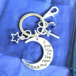 Love you to the moon and back keyring with initial birthstone personalised gift silver gift for her