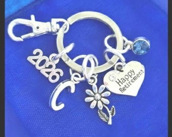 Happy Retirement keyring with initial birthstone personalised gifts silver birthday gift for her retired leaving job graduation