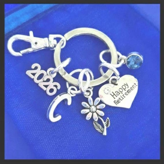 Happy Retirement keyring with initial birthstone personalised gifts silver birthday gift for her retired leaving job graduation