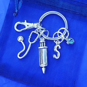 Doctor keyring with initial birthstone nurse gift bag nhs needle stethoscope