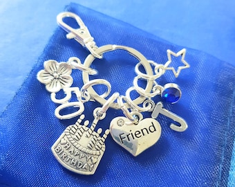Friends 50th birthday keyring with initial birthstone personalised gifts silver birthday gift for her women girls 30th 40th 60th 70th 80th