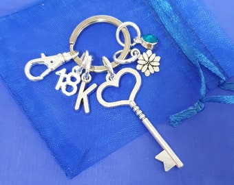 18th Birthday Keyring with Birthstone and initial Silver gifts 18th birthday keyring keepsake