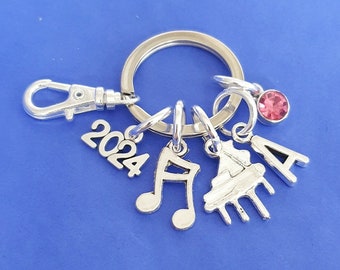 Piano keyring with initial birthstone personalised gifts silver birthday gift music piano teacher