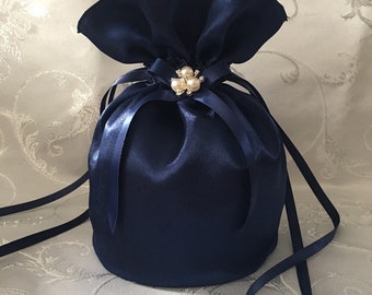 Navy dolly bag with rigid base, satin with pearls