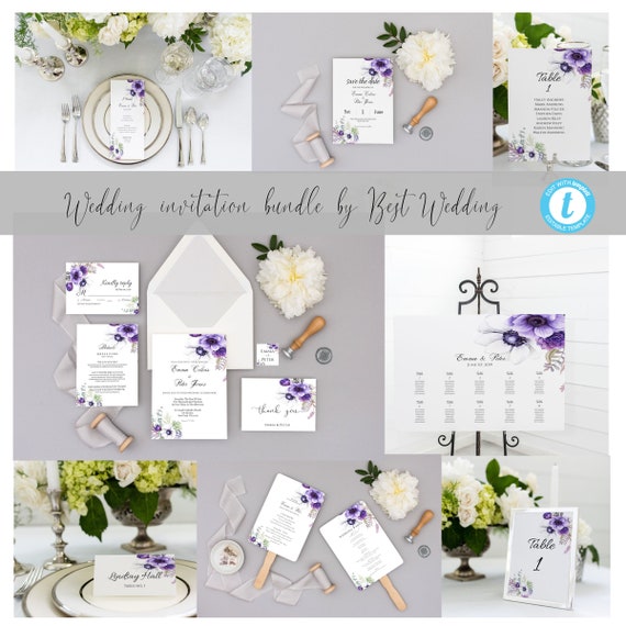 Purple Wedding Invitation Template Bundle Instant Download Etsy