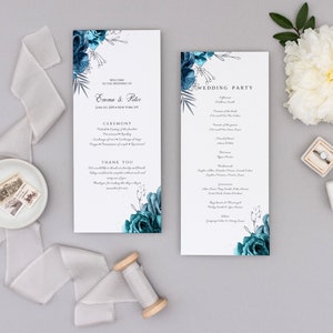 May include: Two wedding ceremony programs with a teal floral design. The left program includes the ceremony details and a thank you message. The right program lists the wedding party. The text on the programs reads "Welcome to the wedding of Emma & Peter June 22, 2019 New York, NY" and "Wedding Party".