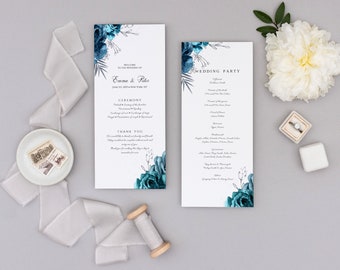 Turquoise Silver Wedding Program Template, Editable Printable (Digital Download)