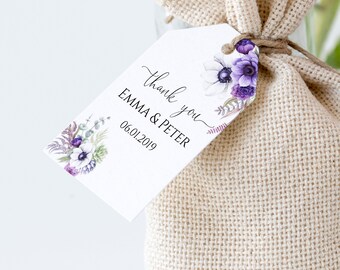 Purple Floral Wedding Favor Tags Template (Instant Download)