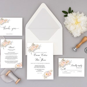 Modelo de convite de casamento peônia, RSVP e cartão de agradecimento, totalmente editável com Templett, conjunto de convite peônia - 00003