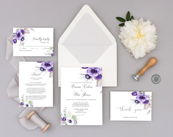 Purple Floral Wedding Invitation Template Set (Digital Download)