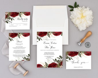 Red Roses Wedding Invitation Template Set (Digital Download)