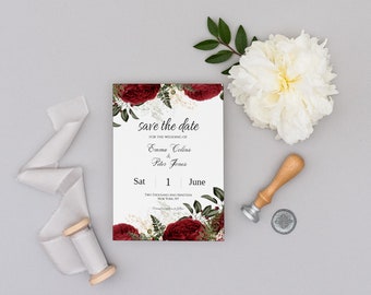 Red Roses Save the Date Card, Editable Template (Instant Download)