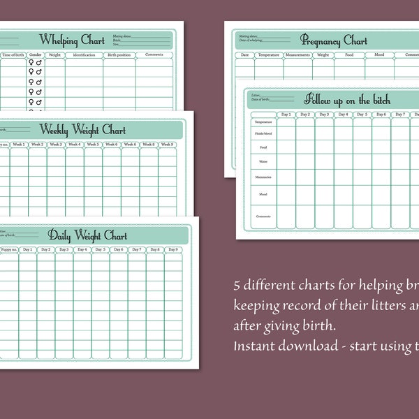 Downloadable dog breeder charts - record your litter, the whelping and the pregnancy of your dog