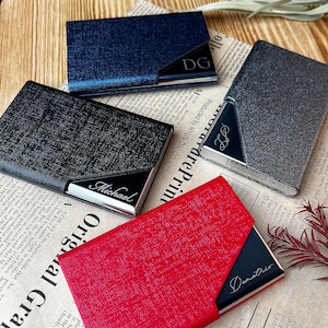 Estuche para tarjetas de presentación personalizado, logotipo grabado con láser, textura trenzada, tarjetero, billetera de cuero para tarjetas