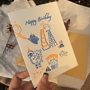 Letterpress thank you card, Embossed card Set,Letterpress Invitations,Animals illustrate birthday card with envelop ,Birthday Card set,1pcs.