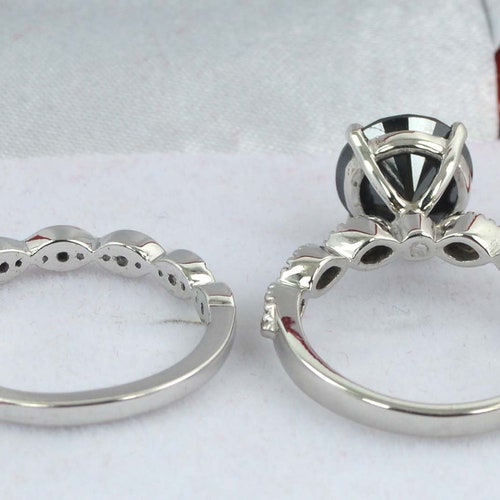 Black Diamond Ring With Matching Band 925 Sterling Silver 2024 3.10 Carat Round Cut Engagement Ring Gift For Her