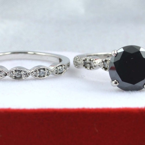Black Diamond Ring With Matching Band 925 Sterling Silver 2024 3.10 Carat Round Cut Engagement Ring Gift For Her