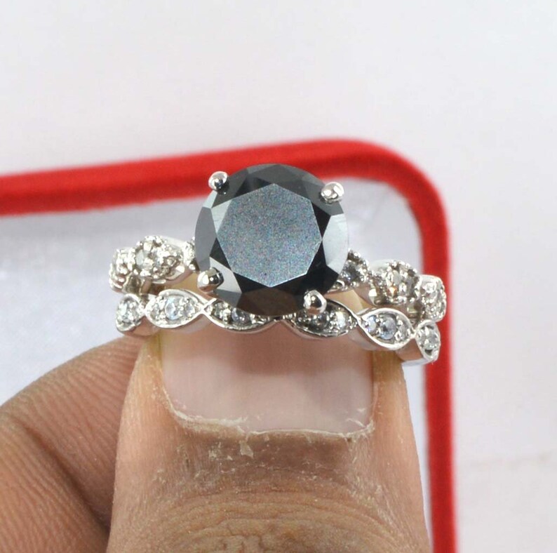 Black Diamond Ring With Matching Band 925 Sterling Silver 2024 3.10 Carat Round Cut Engagement Ring Gift For Her