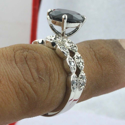 Black Diamond Ring With Matching Band 925 Sterling Silver 2024 3.10 Carat Round Cut Engagement Ring Gift For Her