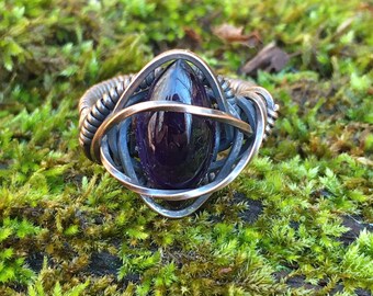 Amethyst Wire Wrapped Size 5 1/2 Ring, Healing Crystal Jewelry Fantasy Ring, February Birthstone, Gift For Her, Boho Festival Statement Ring