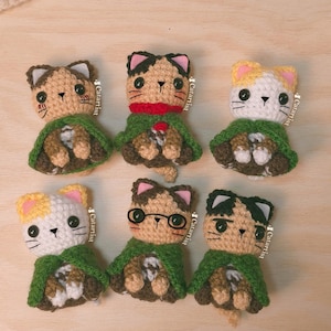 Puede incluir: Seis peluches de gato tejidos a crochet que llevan capas verdes. Los gatos tienen diferentes colores de pelaje y rasgos faciales, incluyendo gafas. Cada peluche tiene una pequeña etiqueta con la palabra "Catartist" en ella.
