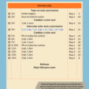 K&ouml;nnte beinhalten: Eine orangefarbene und wei&szlig;e Tabelle mit spanischem Text auf blauem Hintergrund. Die Tabelle enth&auml;lt Anweisungen und Ma&szlig;e f&uuml;r ein Bastelprojekt. Oben auf der Tabelle steht das Wort "Catarinet" in Orange.