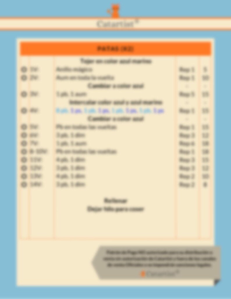 K&ouml;nnte beinhalten: Eine orangefarbene und wei&szlig;e Tabelle mit spanischem Text auf blauem Hintergrund. Die Tabelle enth&auml;lt Anweisungen und Ma&szlig;e f&uuml;r ein Bastelprojekt. Oben auf der Tabelle steht das Wort "Catarinet" in Orange.