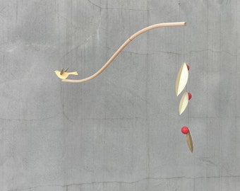 Bird mobile, Kinetic mobile, decor with movement, brass fall leaves mobile, mobile art with metal leaves, red fruit mobile