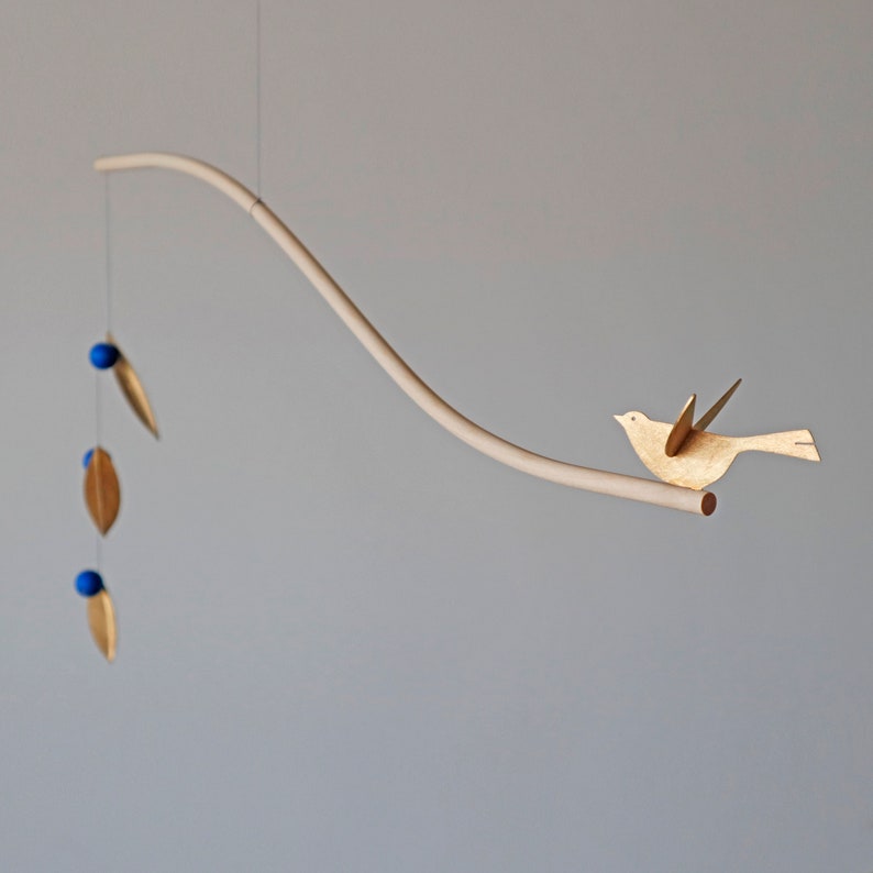 Bird mobile, Kinetic mobile, decor with movement, brass fall leaves mobile, mobile art with metal leaves image 1