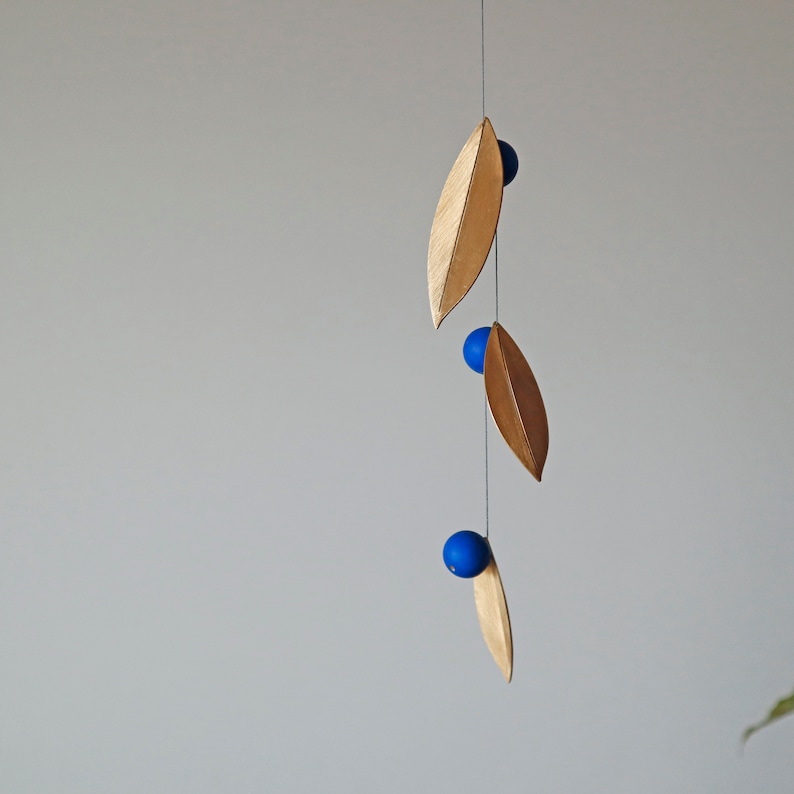 Bird mobile, Kinetic mobile, decor with movement, brass fall leaves mobile, mobile art with metal leaves image 4