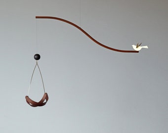 Kinetic mobile, Hanging mobile, Art for home,  Air Plant Hanger, Tillandsia Plants, mobile for air plant, walnut bird