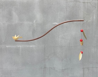 Bird mobile, Kinetic mobile, decor with movement, brass fall leaves mobile, mobile art with metal leaves, walnut, red fruit