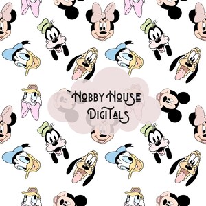 May include: A white background is covered with cartoon illustrations of Mickey Mouse, Minnie Mouse, Goofy, and Donald Duck. The text "HOBBY HOUSE DIGITALS" is in the center. The characters are in various poses and expressions.