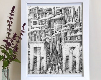 City Of Impossibility, modern wall art print, fine art print, detailed art, cityscape art print, unique art print, Escher, Black Friday sale