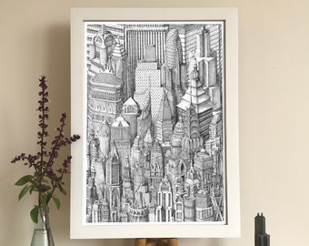Homage To Skyscrapers - cityscape art print, architecture wall art, architectural drawings, city illustration print, cityscape illustration