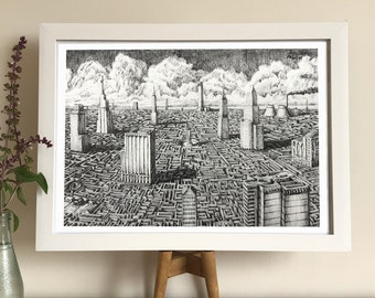 Labyrinthian Metropolis - cityscape art print, giclee art print, city art, cityscape painting, city drawing, architecture drawing