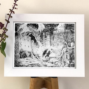 Fantasy Fight - impression d&#39;art de dragon, art mural dragon, chevalier et dragon, impression d&#39;art dragon, château de chevalier dragon, impression de dragon fantastique, dragon