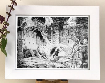 Fantasy Fight - Drachen Kunstdruck, Drachen Wandkunst, Ritter und Drache, Kunstdruck Drachen, Drachenritter Burg, Fantasy Drachen Print, Drache
