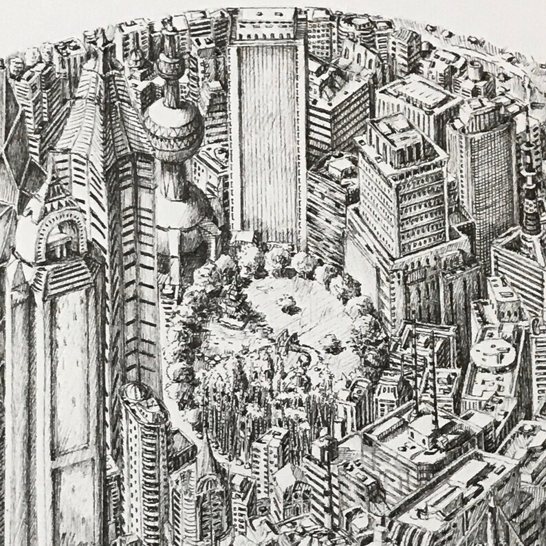 May include: A black and white pen and ink drawing of a city skyline with tall buildings and a park in the center.