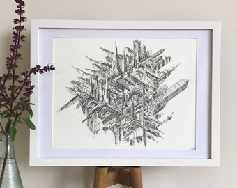 Urban Penrose Triangle - Giclee art print size A4 cityscape Escher inspired Penrose triangle optical illusion impossible shape print