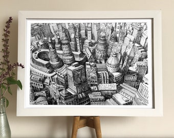 A Perspective on Architecture - architecture wall art, cityscape wall art, home office art print, ink drawing, architectural drawings, print