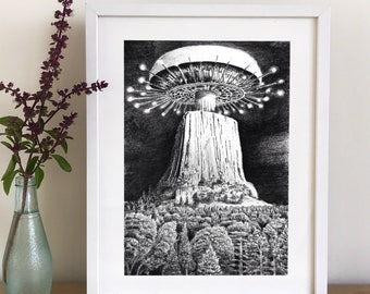 Arrival in Wyoming - Devils tower, UFO art print, UFO print, nerdy art print, scifi art print, alien wall art, UFO, ufo wall art, Wyoming