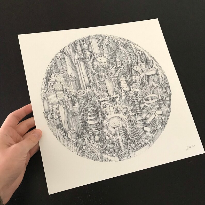 May include: A black and white pen and ink drawing of a city skyline, rendered as a sphere. The drawing is detailed and intricate, showing many buildings and structures.