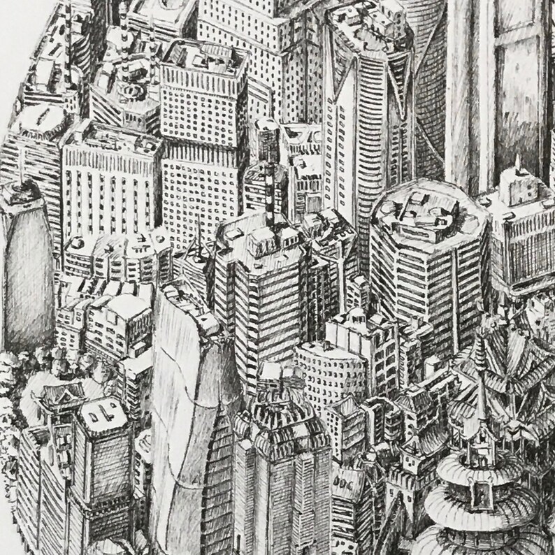 May include: A black and white pencil drawing of a city skyline with tall buildings and intricate details.