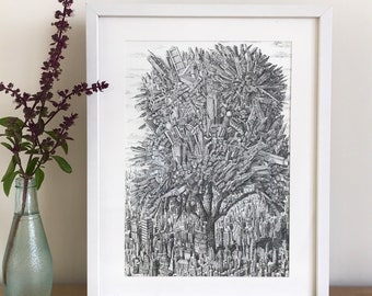 Urbana Botanica - Giclee art print size A4 cityscape urban tree botanical art print